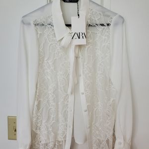 Zara blouse with lace front and neck tie closure.